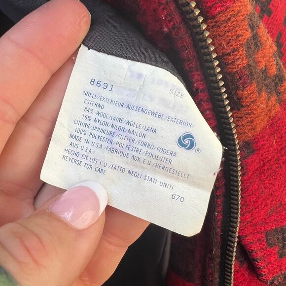 Vintage 80s 90s Woolrich maroon orange Tribal Aztec Southwestern Blanket Coat - Picture 8 of 10